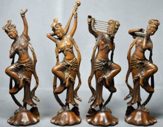 Collectable Old Antiques Handwork Carve Four Girl A Set Royal Statue 2