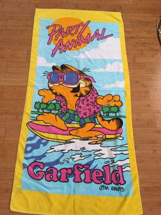 Vintage 1978 Garfield Cat Party Animal Surfer Swim Towel Cotton Cartoon 80s