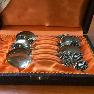 Set Of 5.  835 European Sterling Silver Small Demitasse Rose Flower Spoons & Case