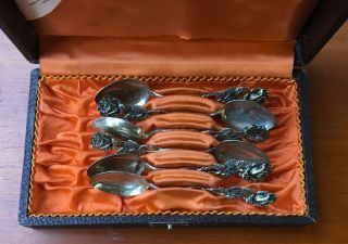 Set Of 5.  835 European Sterling Silver Small Demitasse Rose Flower Spoons & Case 2