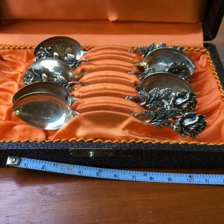 Set Of 5.  835 European Sterling Silver Small Demitasse Rose Flower Spoons & Case 3