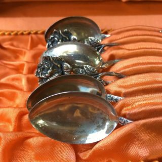 Set Of 5.  835 European Sterling Silver Small Demitasse Rose Flower Spoons & Case 4