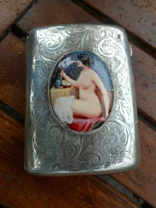 Rare Solid Silver Chester 1915 Enamel Erotic Lady Cigarette Case Stunning