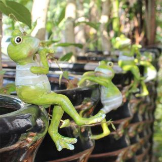 Cartoon Cute Climbing Frog Resin Figurines Potted Ornaments Home Decoration Set