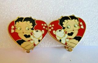 Betty Boop Cloisonne Enameled Clip Earrings Heart Shape Betty & Puppy