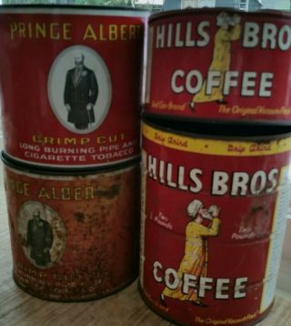 Vintage Hills Bros.  Coffee Tin Cans And Vintage Prince Albert Tobacco Tin Cans