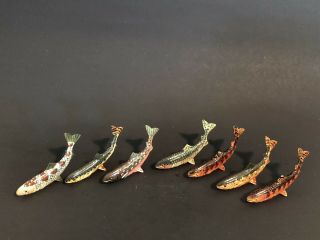 Set Of (7) Vintage Miniature Hand Painted Carved Wood Fish China Trout