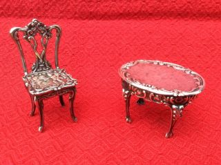 Vintage Silver Miniature Table And Chair.  Dolls House Furniture.