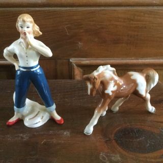 Vintage 1950’s Girl Figurine,  Blue Jeans,  Red Shoes,  White Blouse,  And Horse