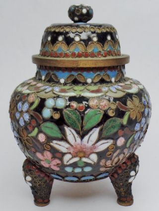 Antique Chinese Champleve Cloisonne Enamel Footed Tripod Koro Censer W/lid