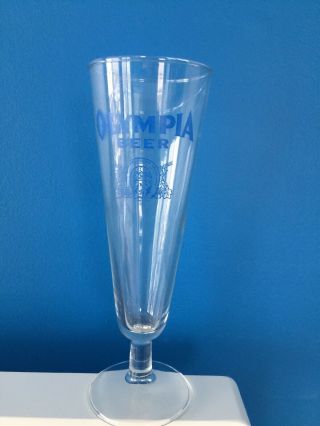 Vintage Olympia Beer Pilsner 8.  5 " Footed Glass W/blue " Goodluck " Logo