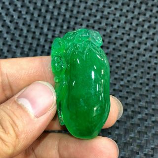 Rare Green Jadeite Jade Handwork Collectible Chinese Fortune Bat & Melon Pendant