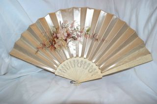 Antique Japanese Hand Carved Silk Floral Painted Scene 13 " Fan
