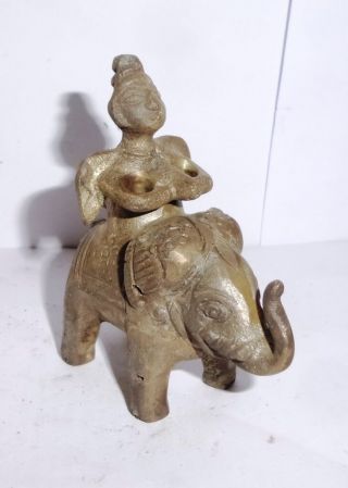 Vintage Brass Hand Cast Small Elephant With Rider Gun Powder Box/ Storage