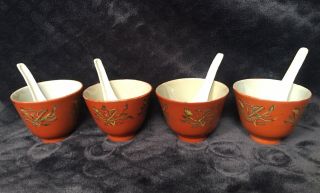 Antique Chinese Famille Rose Coral Ground Enamel Porcelain Tea Cups & Spoons