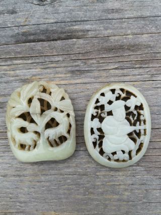 From Old Estate Antique Chinese Ming 2x Carved Jade Pedents Asian China