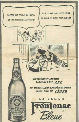 1942 Frontenac Blue Label Lager Beer & Hockey Ad In French