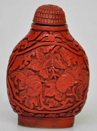 Chinese Red Cinnabar Carved Snuff Bottle Fruit And Insect Signed On The Bottom
