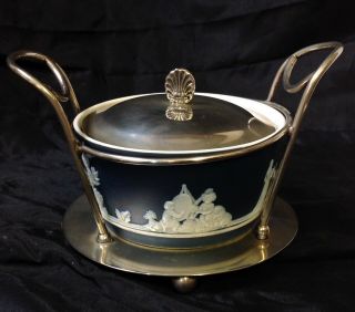 Rare Art Nouveau Adams Dark Blue Jasperware Butter Dish With Epns Lid & Stand