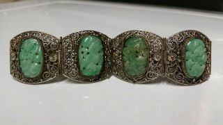 Antique Asian Export Art Deco Jade Filigree Mixed Metal Bracelet Wwii 1940 