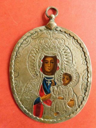 Antique Polish Silver Icon Plaque Hand Painted Madonna & Christ Child 1863