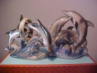 Set Of 2 Vintage Jumping Dolphin Porpoise Figurines Glazed Porcelain