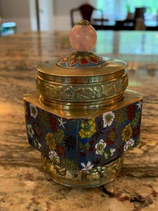 Wonderful Chinese Cloisonne & Brass Tea Caddy With Precious Objects & Quartz Bea