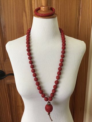 Vintage Chinese Red Carved Faux Cinnabar Bead 32 " Necklace & Bracelet (a5)