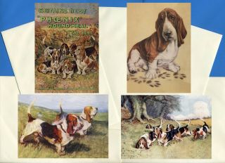 Basset Hound Pack Of 4 Vintage Style Dog Print Greetings Note Cards