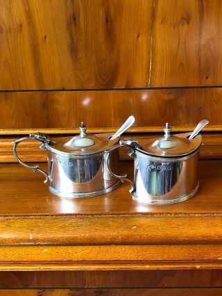 Solid Silver Chester J R & A 1919/20 Mustard Pots Liners & Spoons X 2