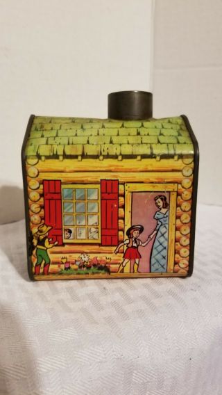 Vintage Towles Log Cabin Syrup Tin Bank Lithograph Mother Daughter Cowboy