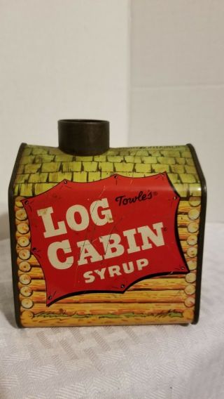 VINTAGE TOWLES LOG CABIN SYRUP TIN BANK LITHOGRAPH MOTHER DAUGHTER COWBOY 3