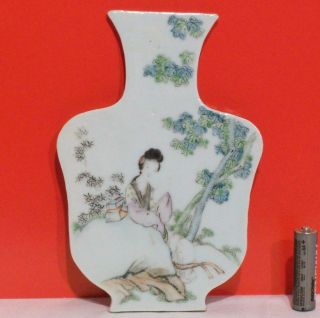 19thc Chinese Qing Dynasty Famille Rose Vase - Shaped Porcelain Plaque Pretty Lady