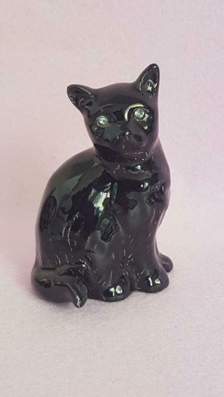 Lovely Cute Vintage 1950s Mid Century Ceramic Black Cat Figurine W Crystal Eyes