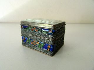 ANTIQUE CHINESE COPPER SILVERPLATE CARVED STONE FILIGREE ENAMELED BOX 6