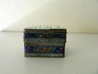 ANTIQUE CHINESE COPPER SILVERPLATE CARVED STONE FILIGREE ENAMELED BOX 8