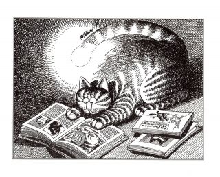 Cat W Tail Light Reading In The Dark Kliban Cat Print Black White Vintage