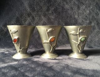 Rare Antique Vintage Chinese Pewter Jigger Cups With Semi - Precious Stones Marked