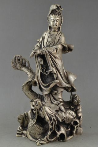 Old China Copper Plating Silver Dragon Statue Carved Guanyin Bodhisattva