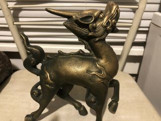 Vintage Chinese Wealth Lucky Kirin Qilin Unicorn Brass Metal Statue Sculpture
