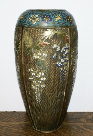 Antique Chinese Copper Cloisonne Enamel 14 " Vase W/ Floral Motif & Banded Panels