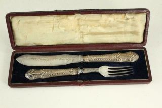 Antique Sterling Silver Flatware Victorian Fish Serving Knife & Fork Set Boxed