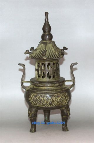 Asia Old Chinese Bronze Hand Carved Dragon Tower Incense Burner W Qianlong Mark