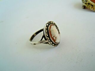 Rare Imper.  Russian 84 Silver Cameo Ring With Marcasite Stones Faberge Design