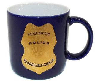 Vintage Cobalt Blue Ceramic Coffee Mug With Baltimore Police Officer Badge