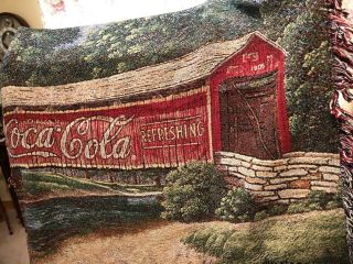Coca Cola Red Covered Bridge Scene Tapestry Fringed Throw Blanket 50” X 60”