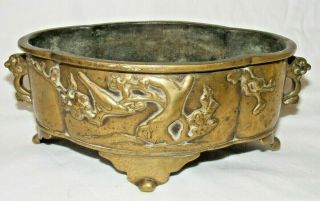Antique Chinese Bronze Quatrefoil Censer Bowl Prunus Treesd Birds Dragon Handles