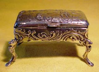 Romantic Antique Chester 1902 Hallmarked Repousse Silver Miniature Chest On Feet