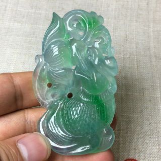 Collectible Ice Green Jadeite Jade Handwork Chinese Lotus & Dragon Fish Pendant