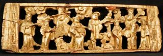 Chinese Gilded Painted Wood Pierced Carving Panel Musicians Court Attendants
